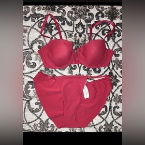 Victoria’s Secret Red Bra 34C Panties M Set Gold O-Ring String Bikini Sissy New